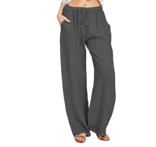 Charcoal wide leg women's cotton linen yoga pants with drawstring waist and side pockets