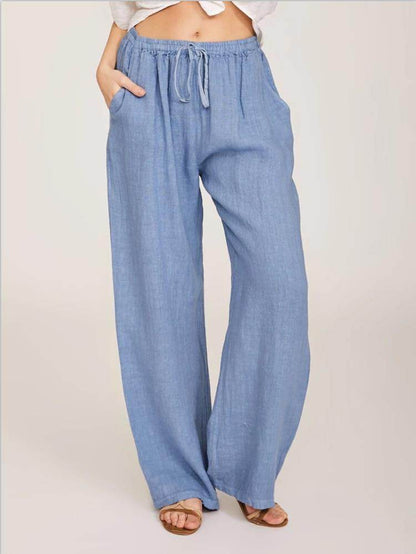 Holy Mango Store women's cotton linen yoga pants light blue wide leg drawstring waist with pockets