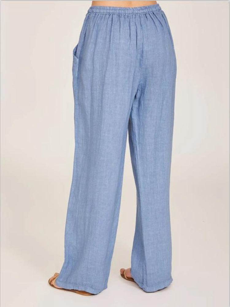 Light blue wide leg women's cotton linen yoga pants with elastic waistband and side pockets for a relaxed fit