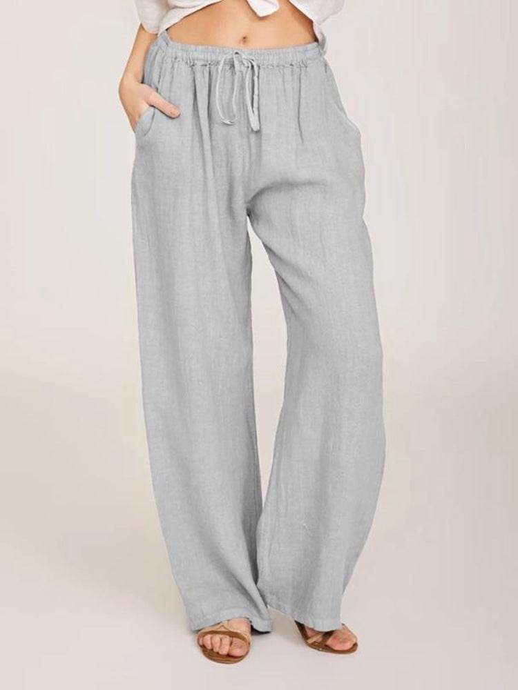 Holy Mango Store women's cotton linen yoga pants light gray relaxed wide leg drawstring waist pockets