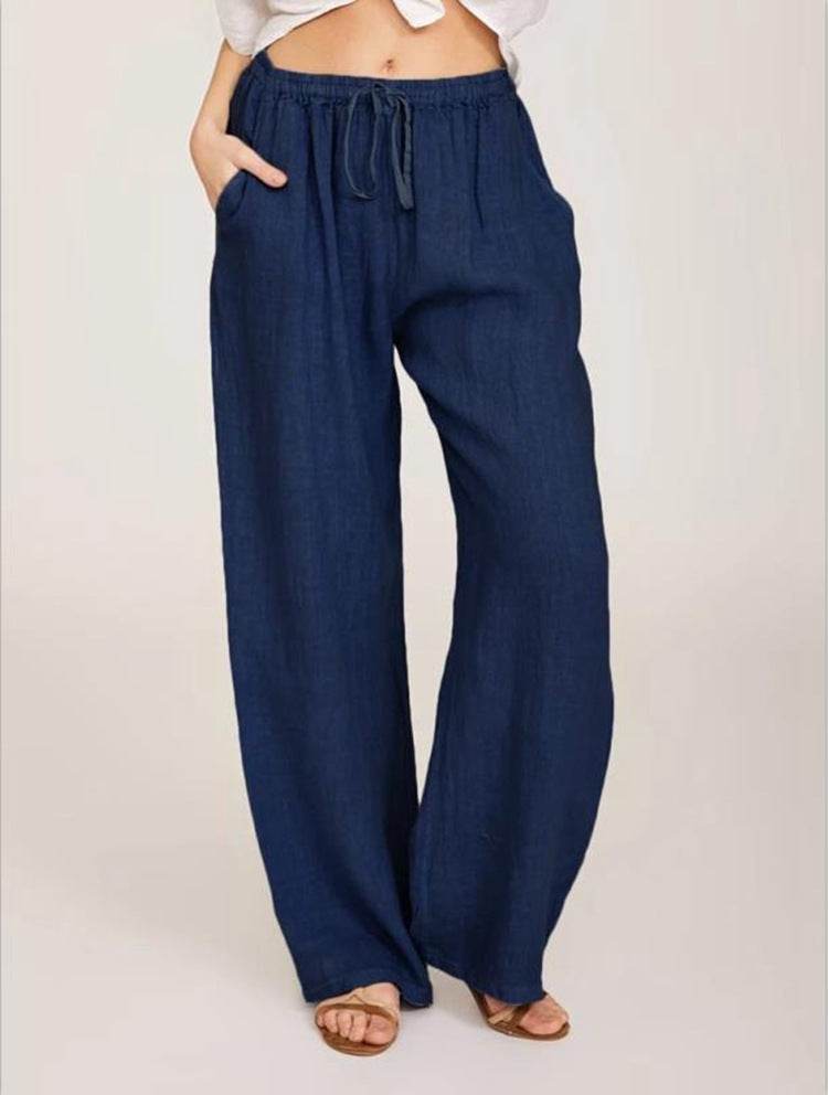 Holy Mango Store women's cotton linen yoga pants navy wide leg drawstring waist with pockets styled with sandals