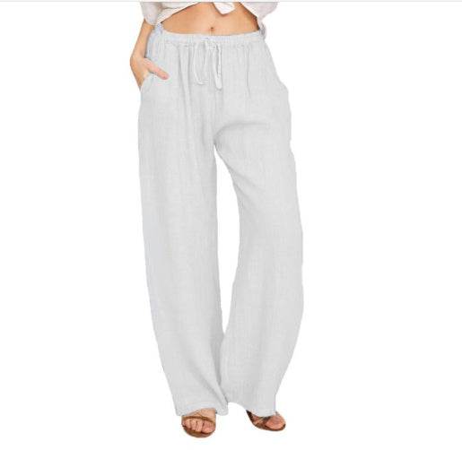 Holy Mango Store women's cotton linen yoga pants white wide leg drawstring waist with pockets for casual wear