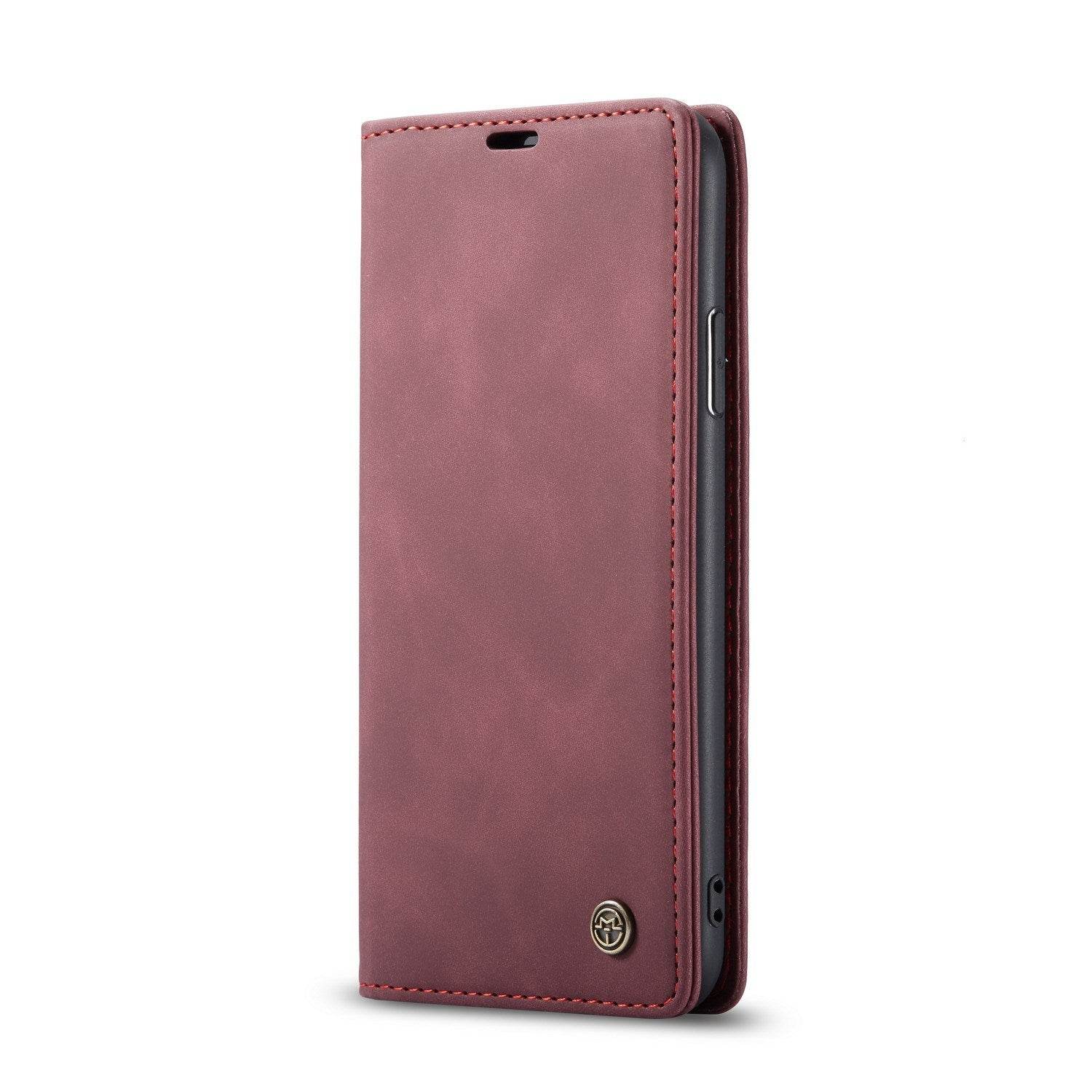 Holy Mango Store maroon leather folio anti-drop phone case with stitched edges and earpiece cutout