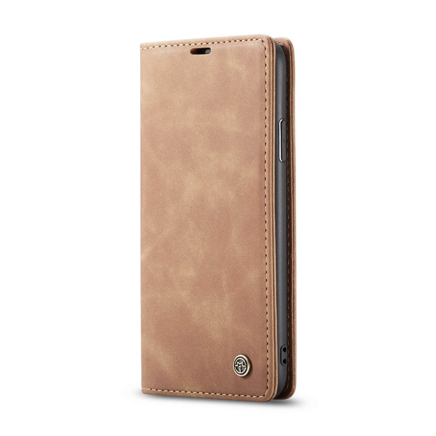 Brown leather folio anti-drop phone case by Holy Mango Store for Mango Tech phone with stitched edges and logo
