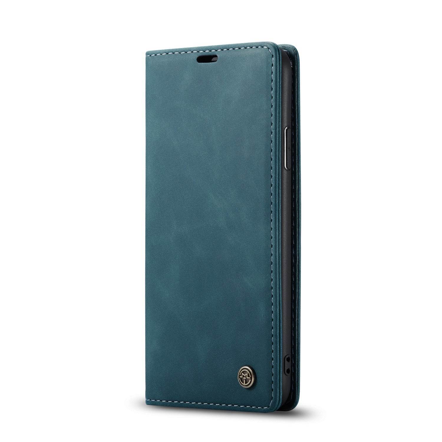 Holy Mango Store teal leather folio anti-drop phone case with stitched edges and magnetic flip cover
