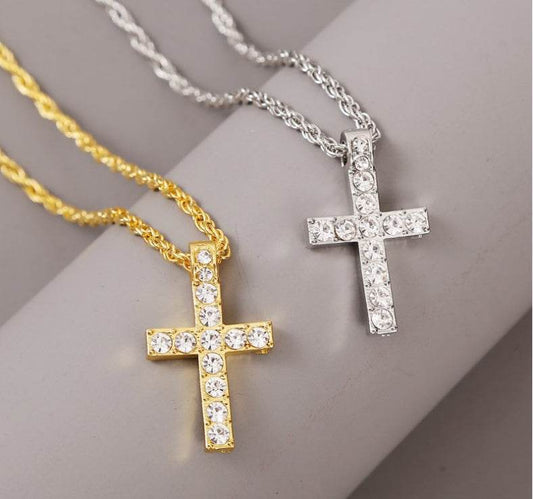 Gold and silver cross pendant necklace with sparkling crystals from Holy Mango Store