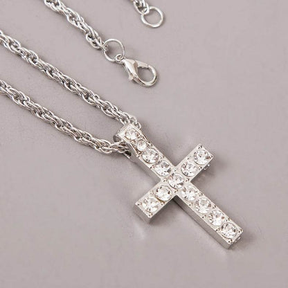 Silver cross pendant necklace with clear rhinestones on twisted chain from Holy Mango Store