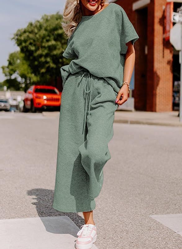 Solid Color Casual Two-Piece Set – Textured Top & Trousers for Women