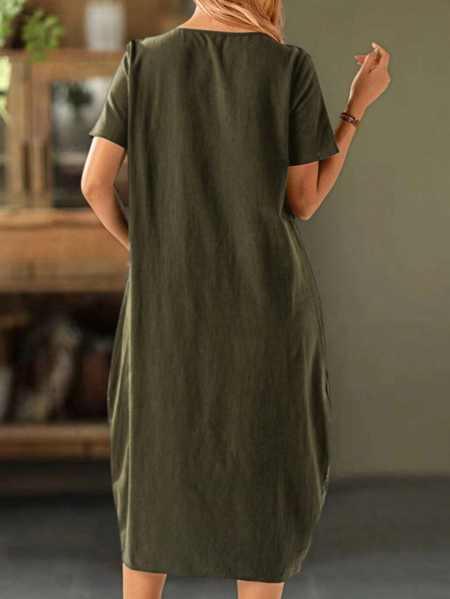Button Front Pocket Casual Midi Dress