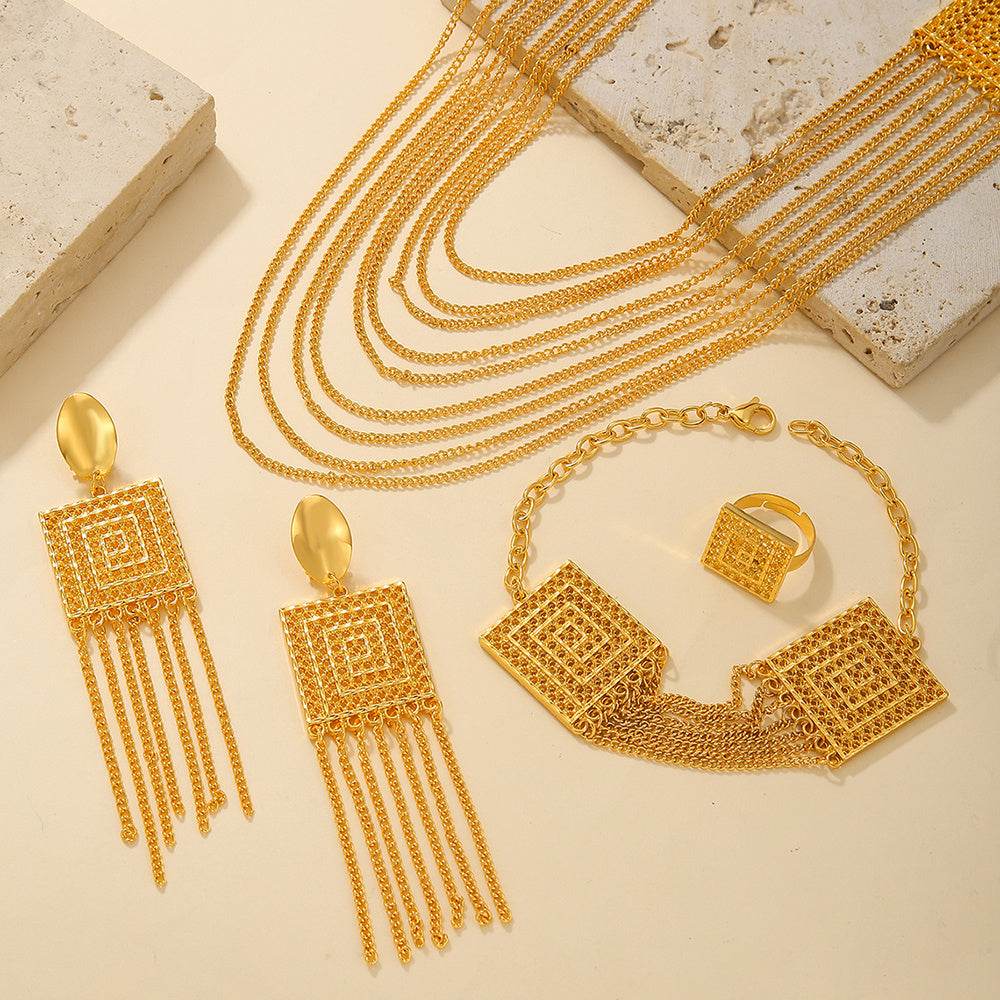 5pcs Fashion Ladies 18k Gold Plated Jewelry Set Tassel For Holiday Wear, Wedding Scene Jewelry, Multi-layered Temperament Wedding Jewelry - Holy Mango Store