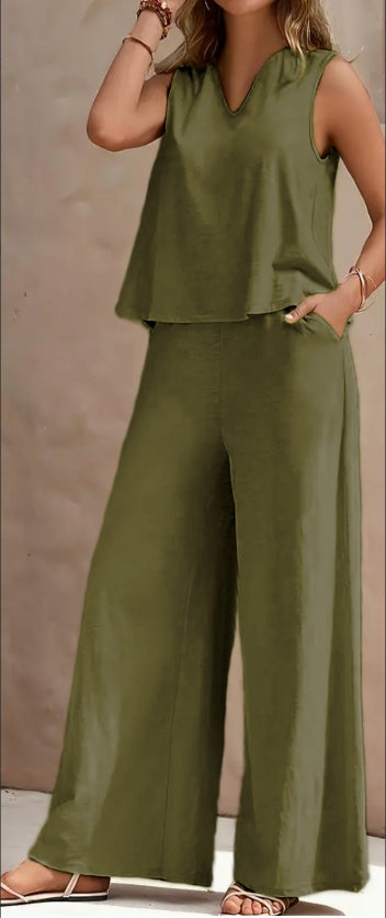 Solid Color Casual Set – V-Neck Tank & Wide Leg Pants with Pockets
