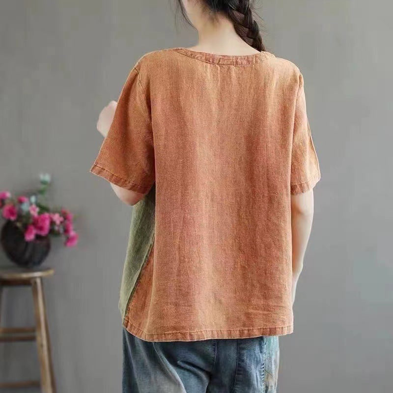 Women's Cotton Linen Color Block T-Shirt – Artistic Half Sleeve Tee