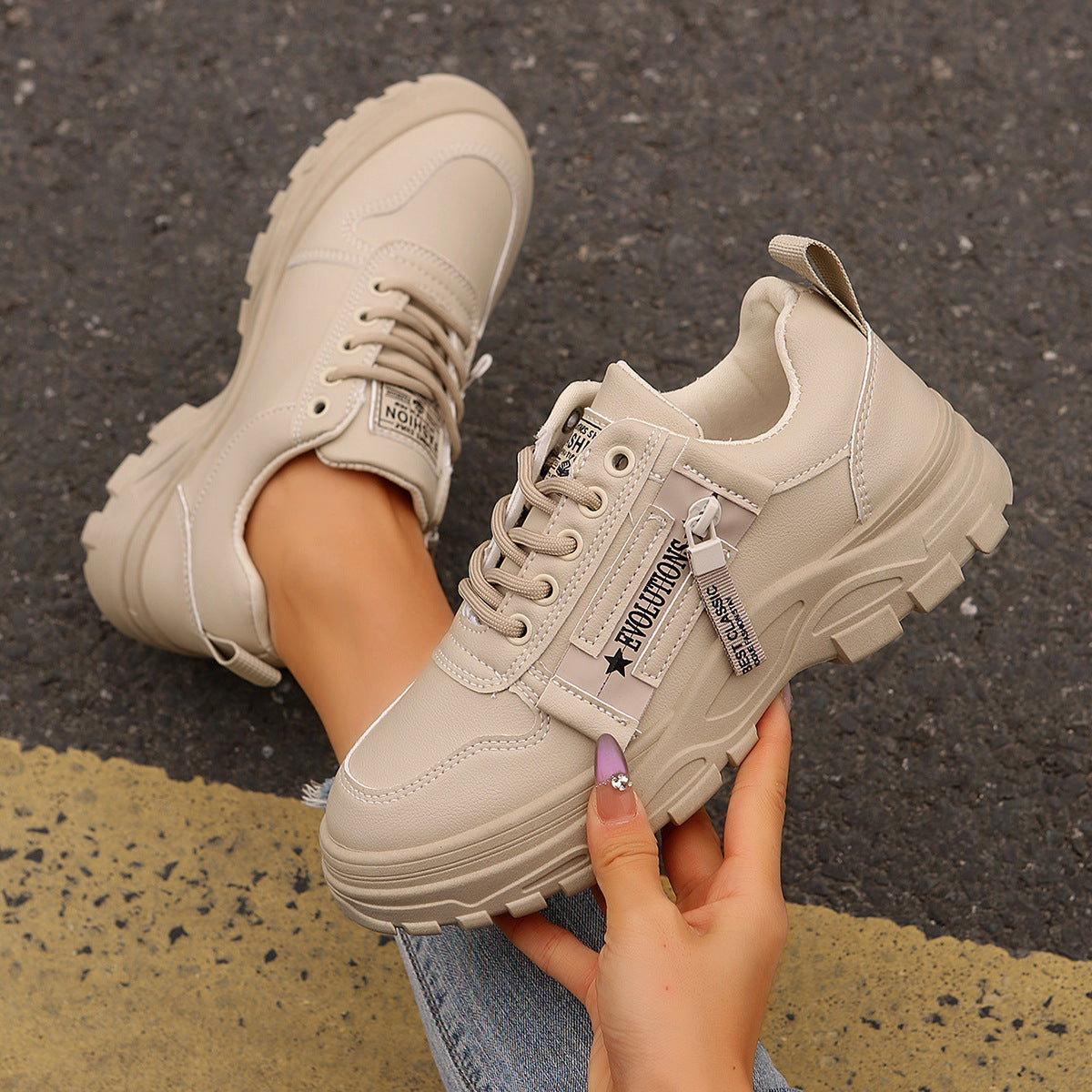 Stylish Women’s Sneakers – Lace-Up & Side Zipper | Trendy Thick-Soled Shoes