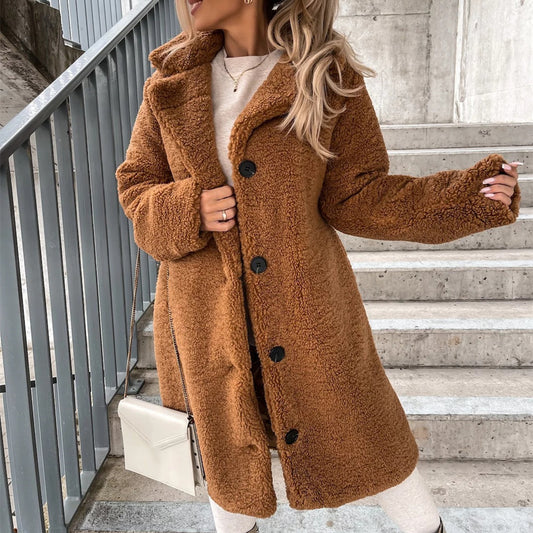 Women’s Plush Lapel Jacket – Long Sleeve Fleece Coat