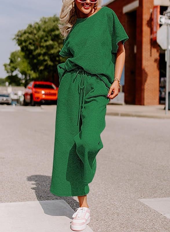 Solid Color Casual Two-Piece Set – Textured Top & Trousers for Women