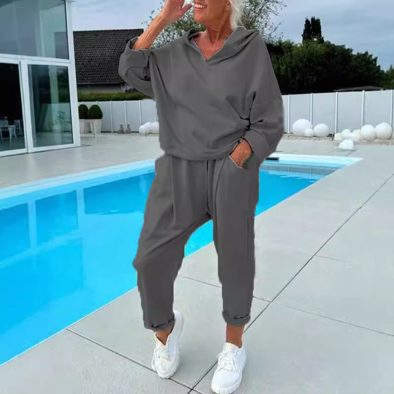 Women’s Solid Color Hooded Sweatshirt Set