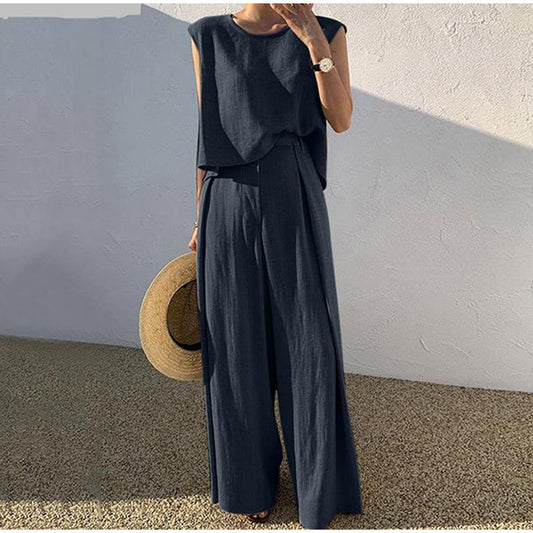 Women's Cotton Linen Two-Piece Set – Sleeveless Top & Pants