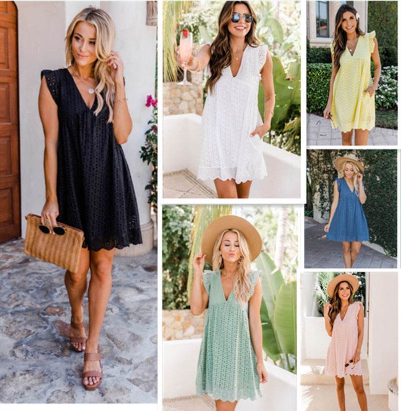 Lace Dresses With Pocket Summer Sleeveless Jacquard Cutout V-Neck Beach Dress - Holy Mango Store