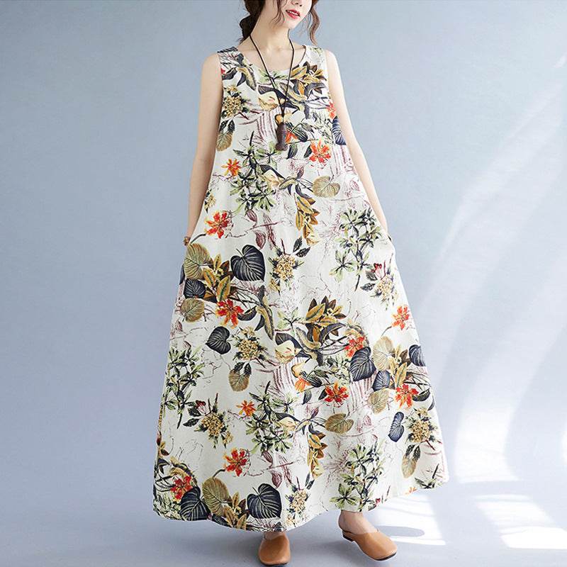 Printed Cotton Linen Round Neck Sleeveless Dress Women's - Holy Mango Store