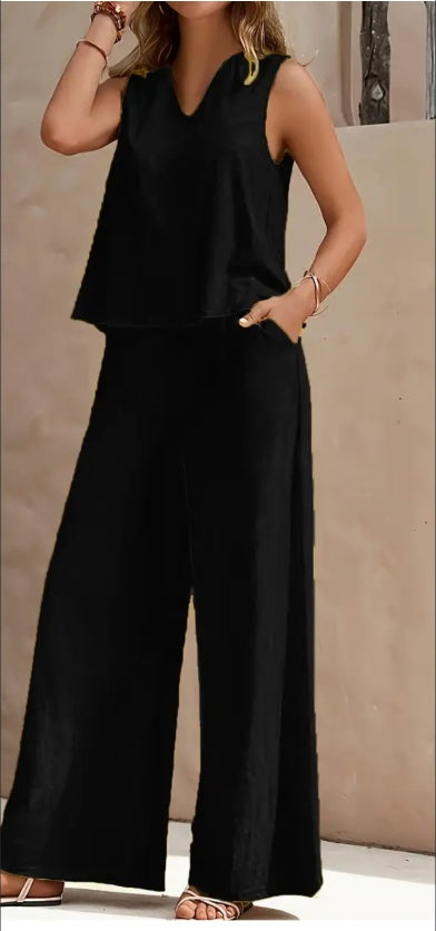 Solid Color Casual Set – V-Neck Tank & Wide Leg Pants with Pockets