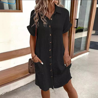 Solid Color Mid‑Length Shirt Dress