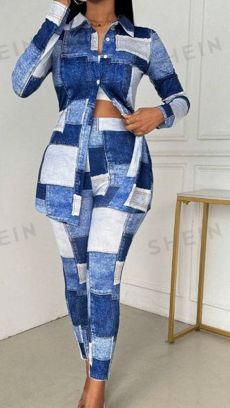 Women’s Knit Denim Effect Shirt & Pants Set – Casual Comfort with a Denim Look