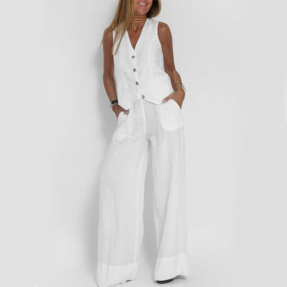 Conjunto de chaleco de verano para mujer: top sin mangas con cuello en V y pantalón holgado
