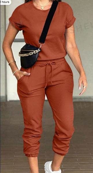 2pcs Women Solid Color Round Neck Short Sleeve Top And Drawstring Pocket Long Pants Casual Suit - Holy Mango Store