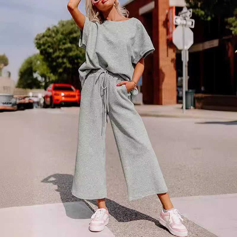 Solid Color Casual Two-Piece Set – Textured Top & Trousers for Women