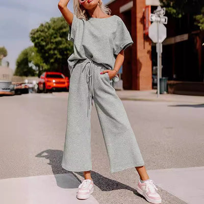 Solid Color Casual Two-Piece Set – Textured Top & Trousers for Women