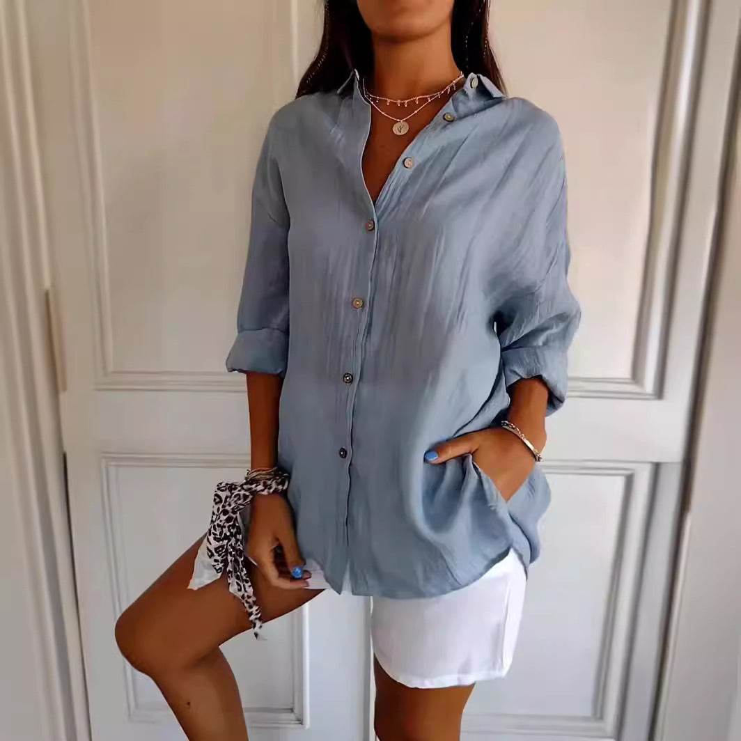 Lapel Long Sleeve Shirt Women's Single-breasted Pleated Shirt - Holy Mango Store
