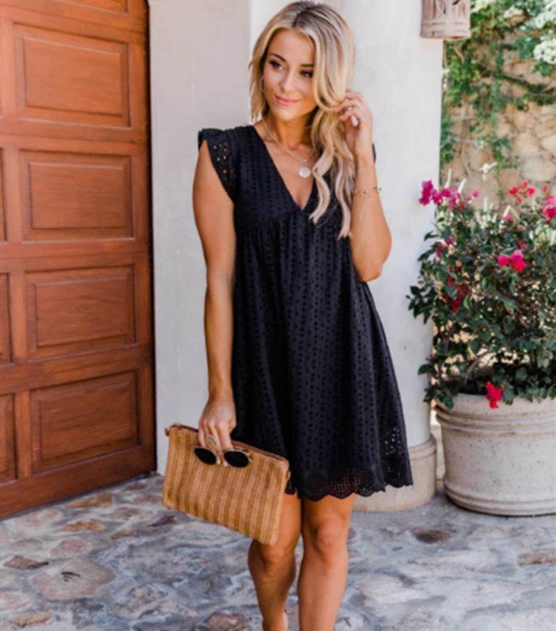 Lace Dresses With Pocket Summer Sleeveless Jacquard Cutout V-Neck Beach Dress - Holy Mango Store
