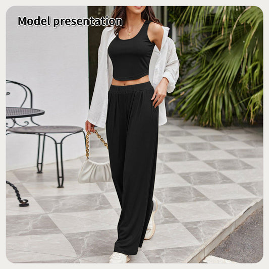 Solid Color Sleeveless Crop Top & Wide-Leg Pants Set – Effortless Everyday Style