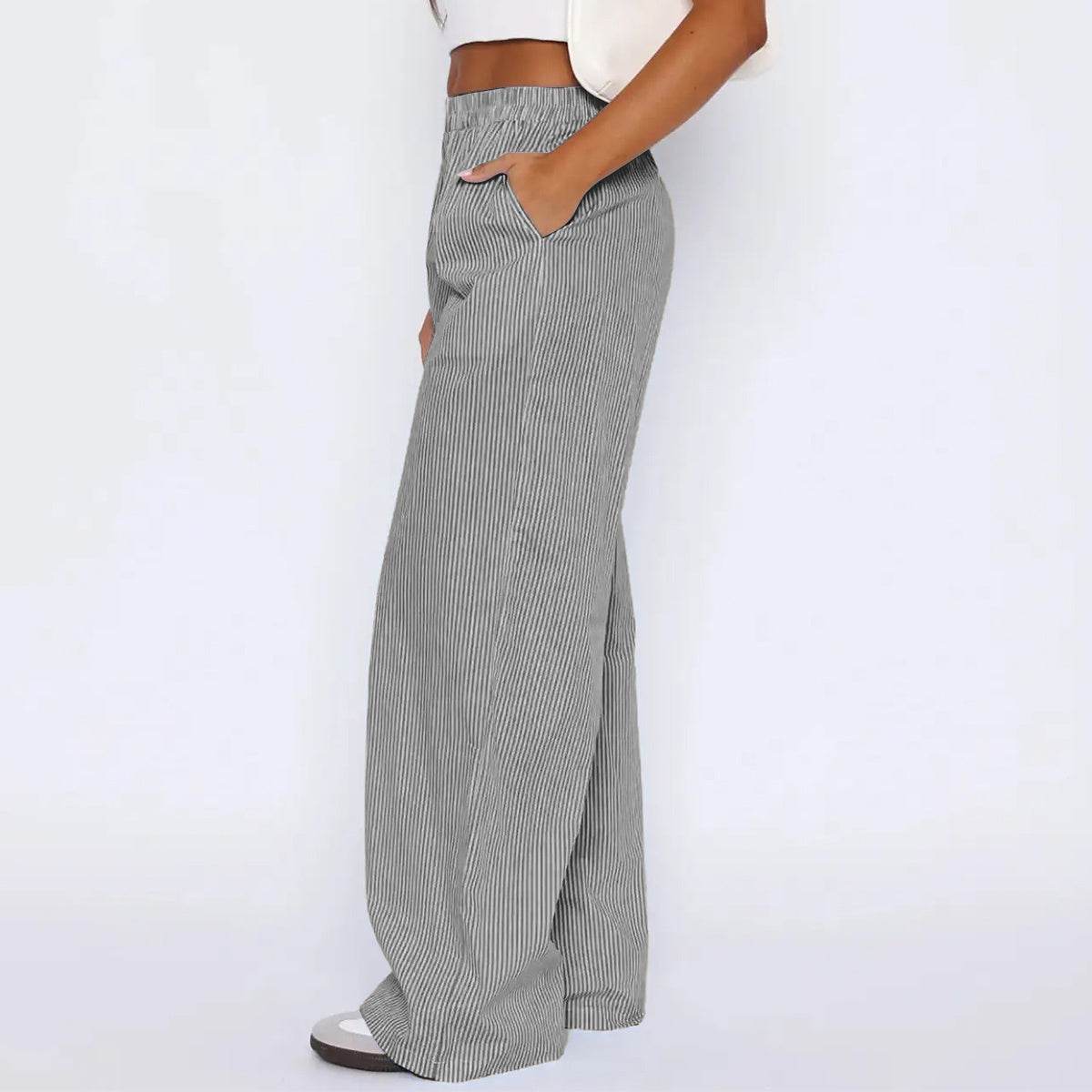 Striped Trousers With Pockets Ins Fashion Casual Wide Leg Straight Pants For Women Clothing - Holy Mango Store