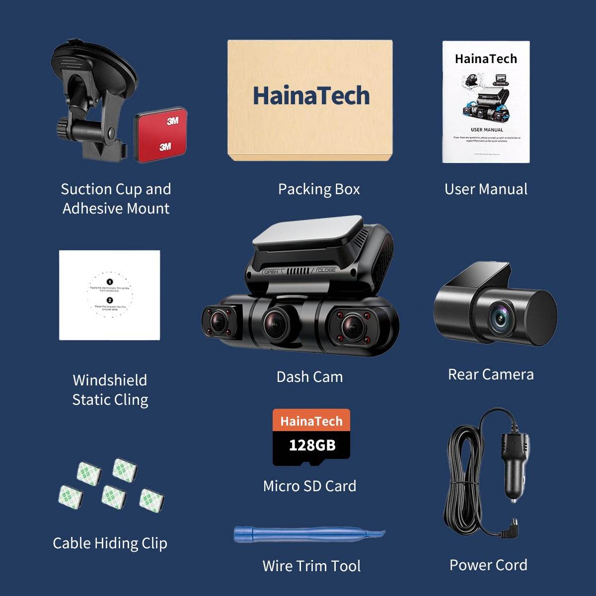 Hainatech 360 Degree View 4 Channel Dash Cam Front And Rear Inside Left Right, Dash Camera For Cars, Built-in GPS WiFi Night Vision, 24 7 Recording Parking Mode Monitor, Free 128G Card - Holy Mango Store