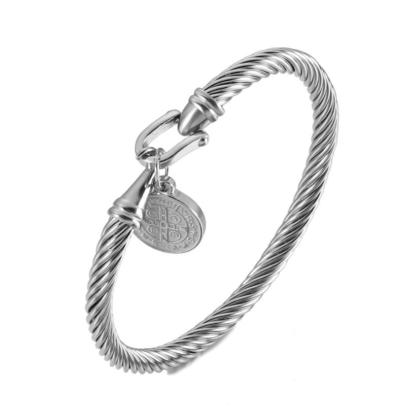 Stainless Steel Scripture & Cross Bangle Bracelet