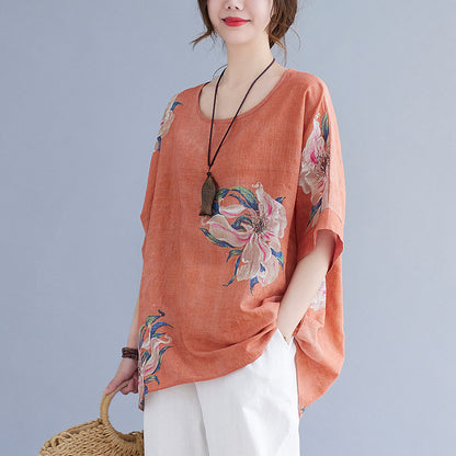 Women's Korean Cotton Linen Summer Top – Printed Half Sleeve
