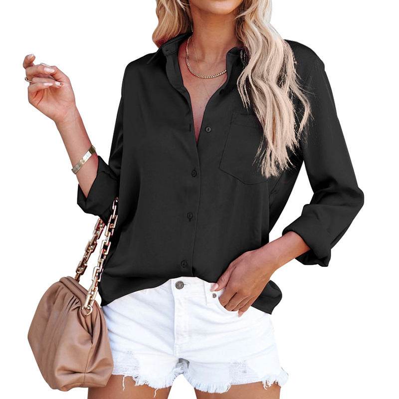Satin Long Sleeve V Neck Office Business Shirt Women - Holy Mango Store