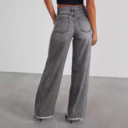 Women’s High Waist Straight Jeans – Wide-Leg Fit with Pockets