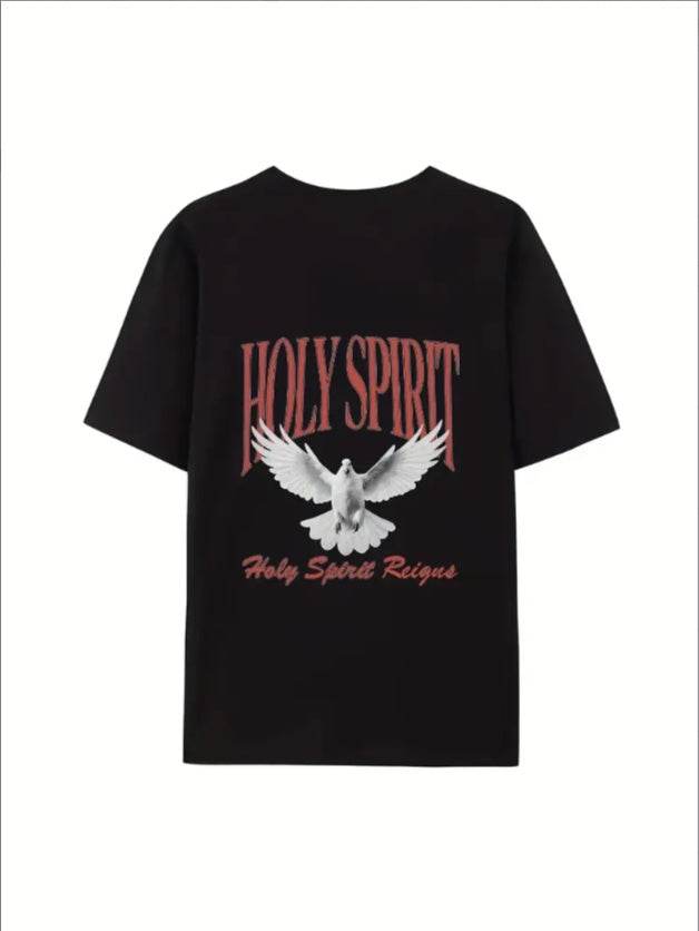 Black faith inspired t-shirt women with Holy Spirit graphic and dove design from Holy Mango Store
