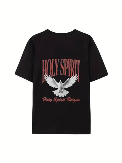 Black faith inspired t-shirt women with Holy Spirit graphic and dove design from Holy Mango Store