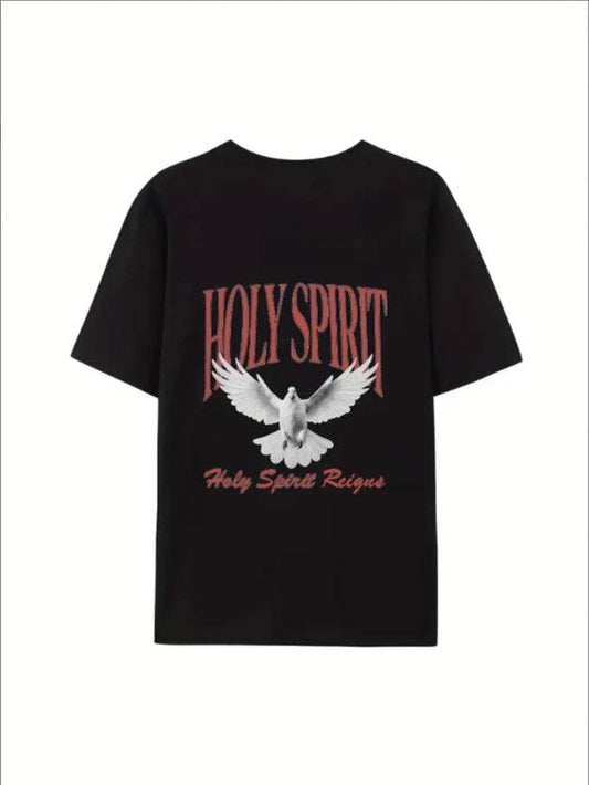 Black faith inspired t-shirt women with Holy Spirit graphic and dove design from Holy Mango Store