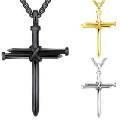 Holy Mango Store faith jewelry for men featuring black gold and silver cross necklaces with nail design