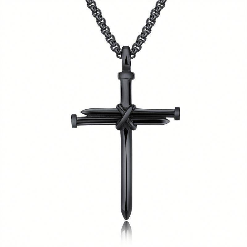 Black cross pendant with nail design on chain faith jewelry for men from Holy Mango Store