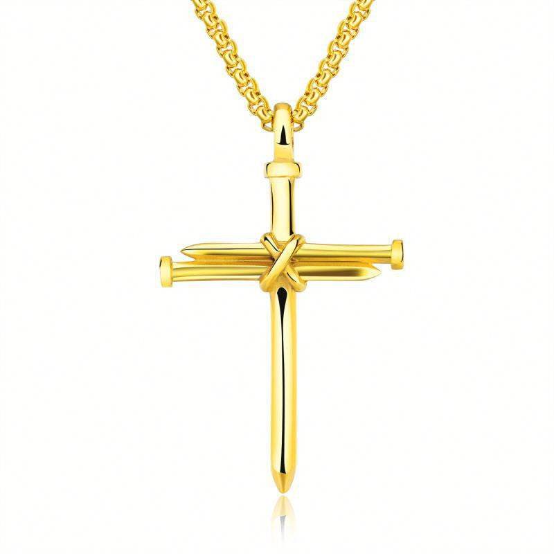 Gold cross pendant necklace made of four nails faith jewelry for men from Holy Mango Store