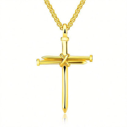 Gold cross pendant necklace made of four nails faith jewelry for men from Holy Mango Store