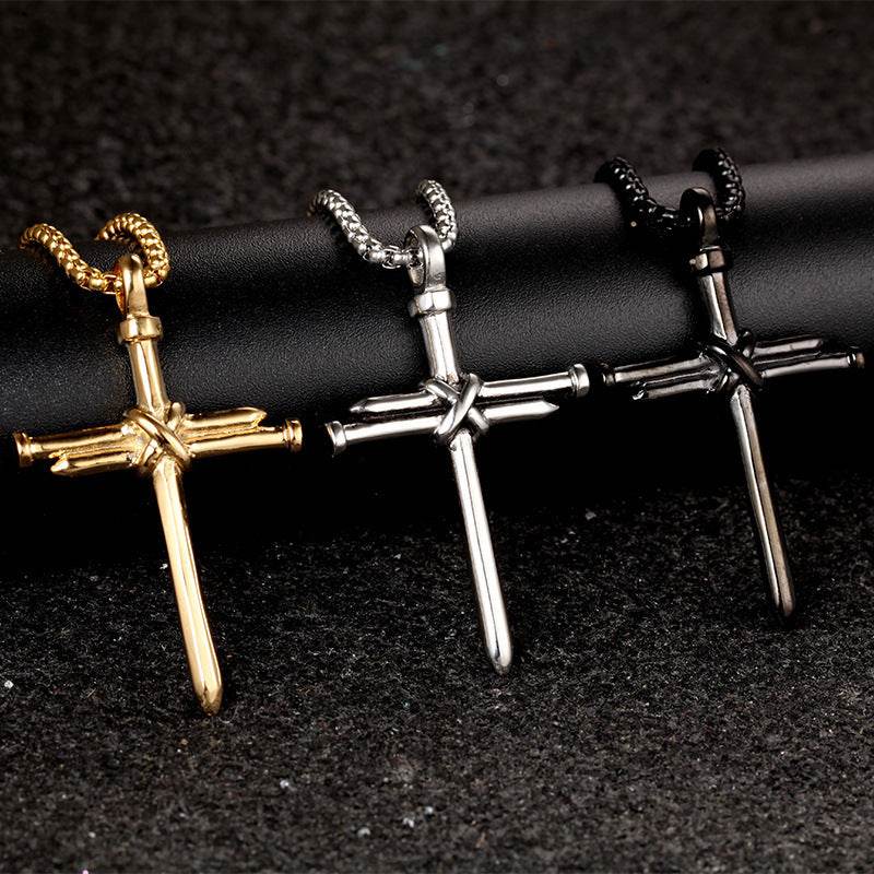Faith jewelry for men featuring gold silver and black cross pendants on matching chains from Holy Mango Store