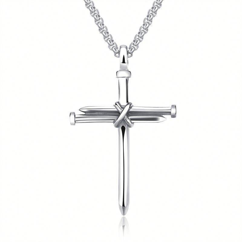 Silver cross pendant necklace made of nails faith jewelry for men by Holy Mango Store