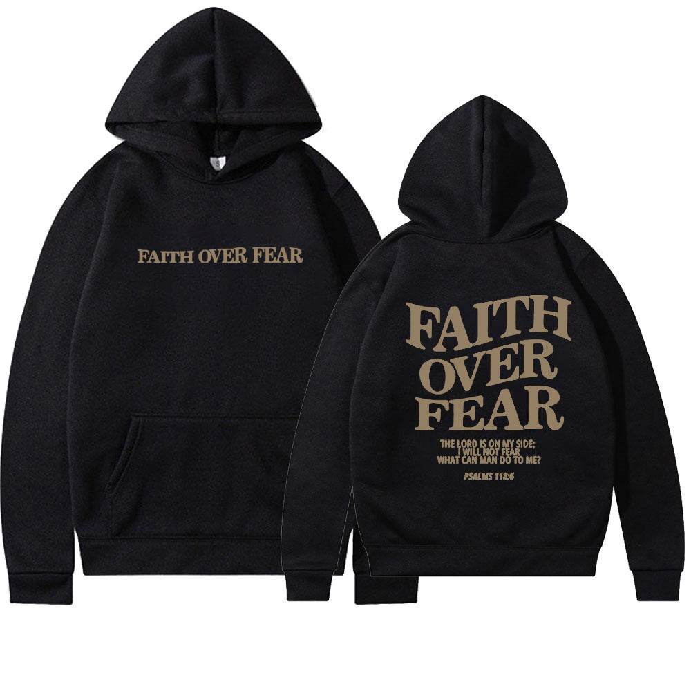 Black Faith Over Fear hoodie from Holy Mango Store with front and back scripture design