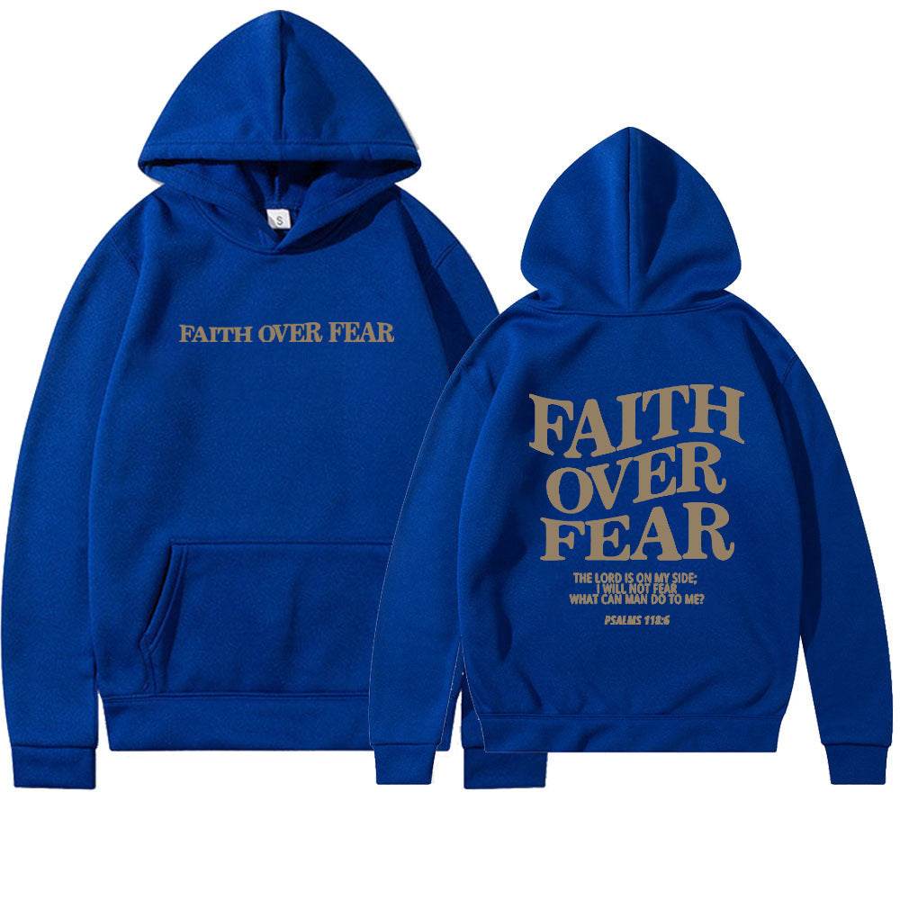 Holy Mango Store blue Faith Over Fear hoodie with front and back religious text and hood